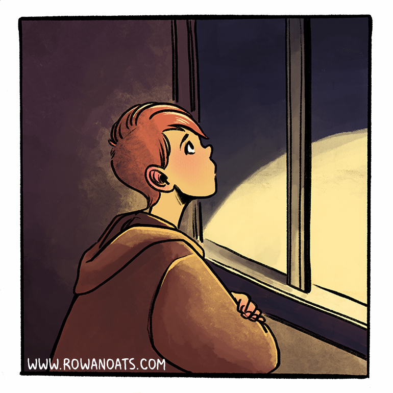 Panel four. The person looks out the window onto the dark winter sky.